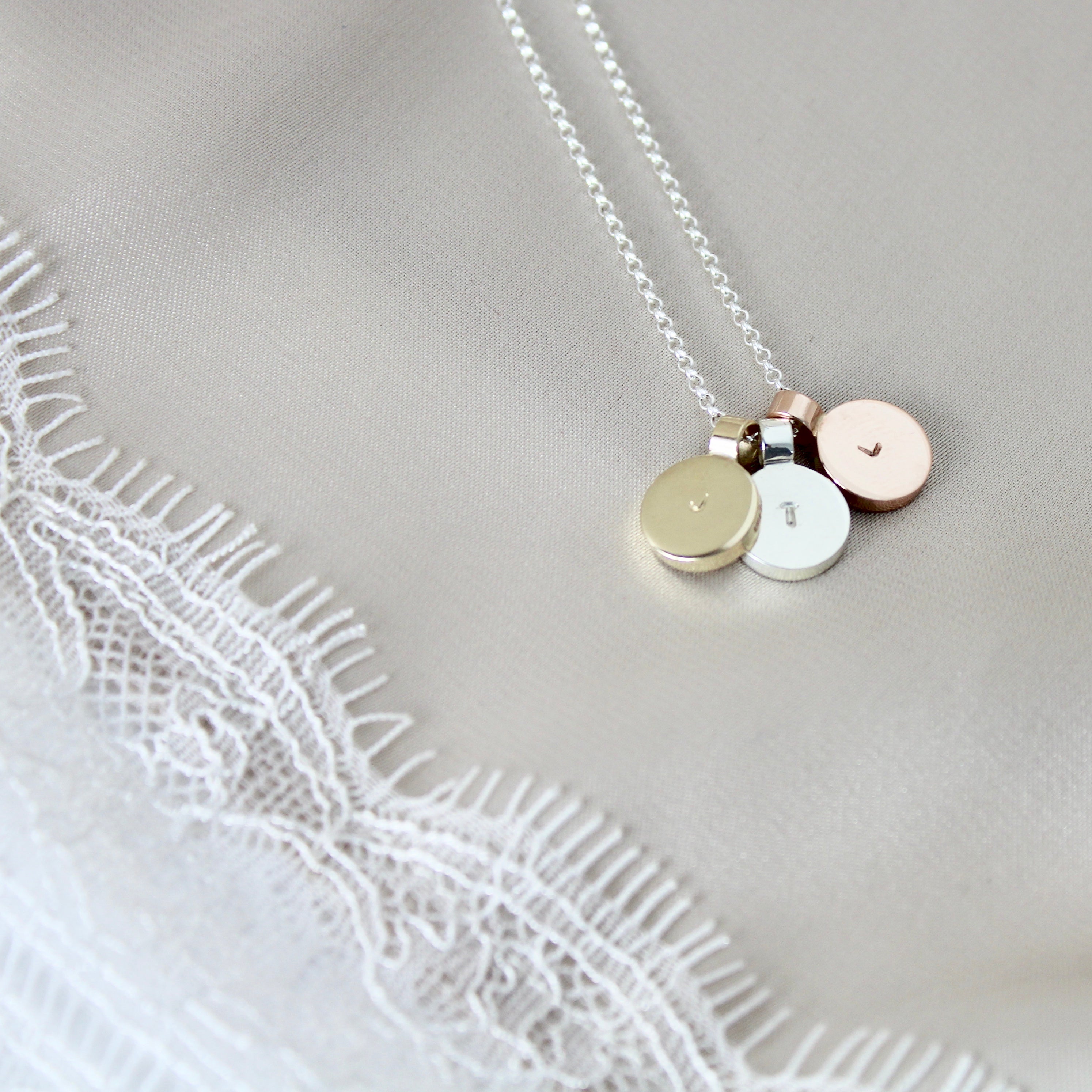 Initial Disc Necklace Trio Sterling Silver, 9ct Gold, 9ct Rose Gold