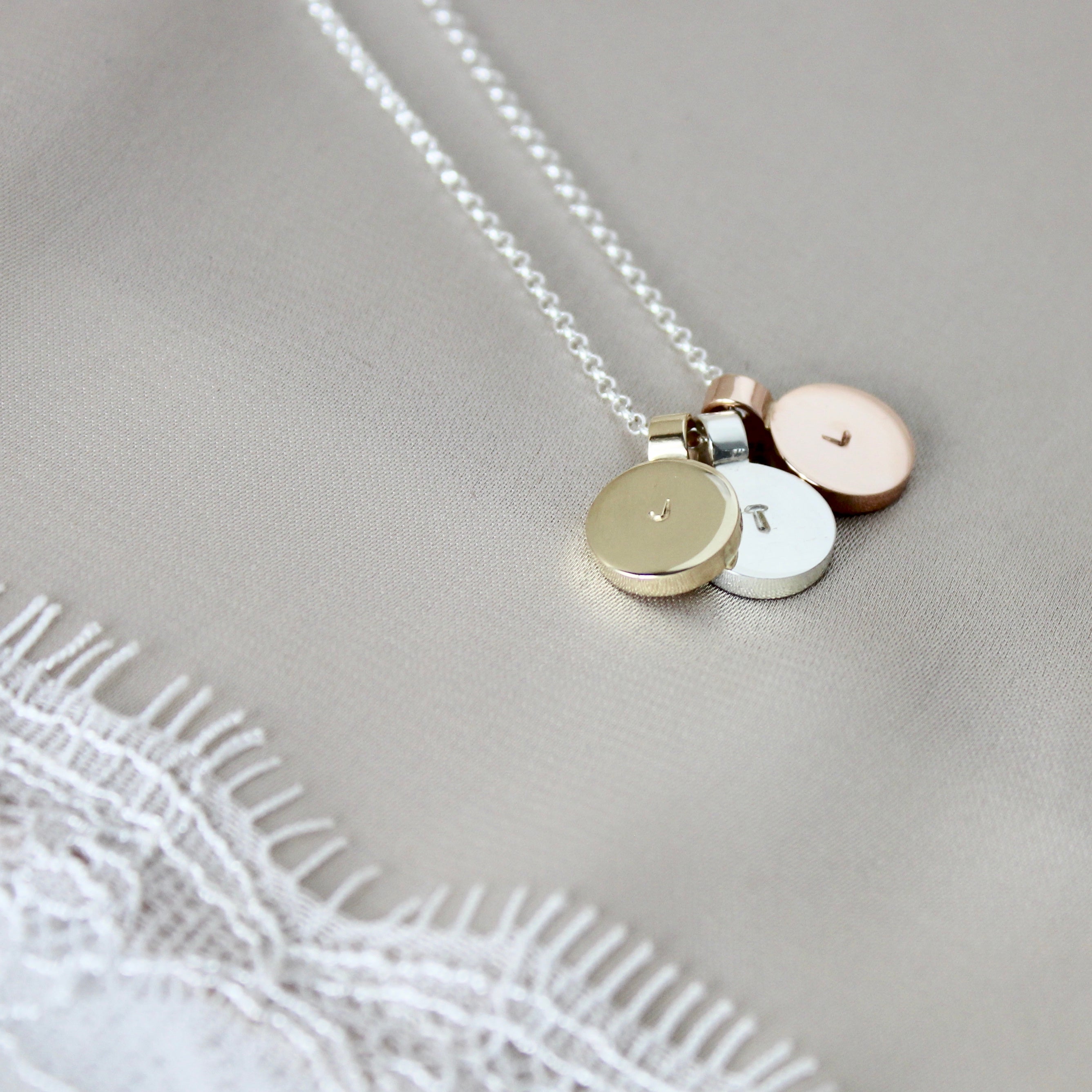 Initial Disc Necklace Trio Sterling Silver, 9ct Gold, 9ct Rose Gold